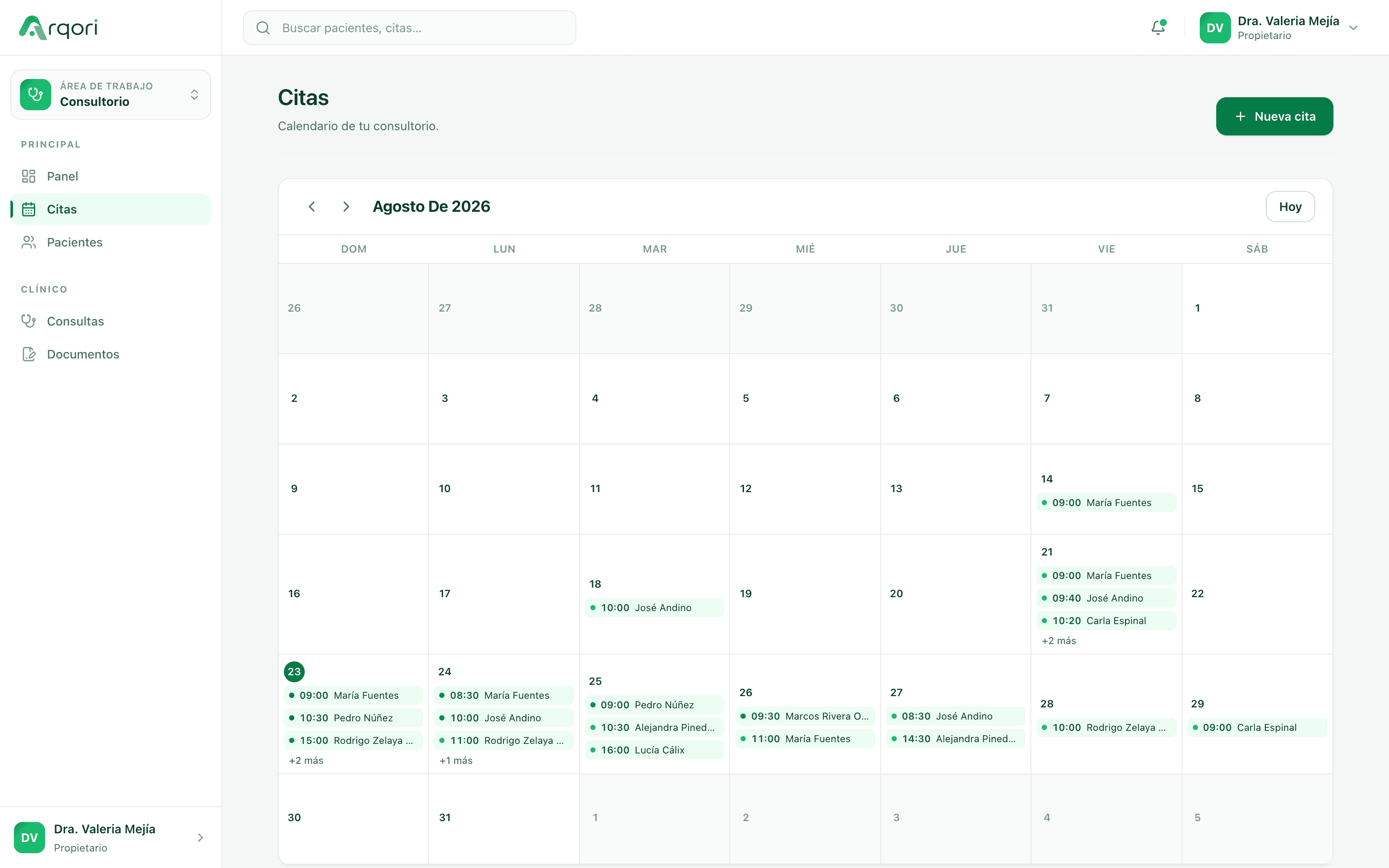 Calendario mensual de citas en Arqori, con el día actual resaltado y cada cita como chip con hora y nombre del paciente