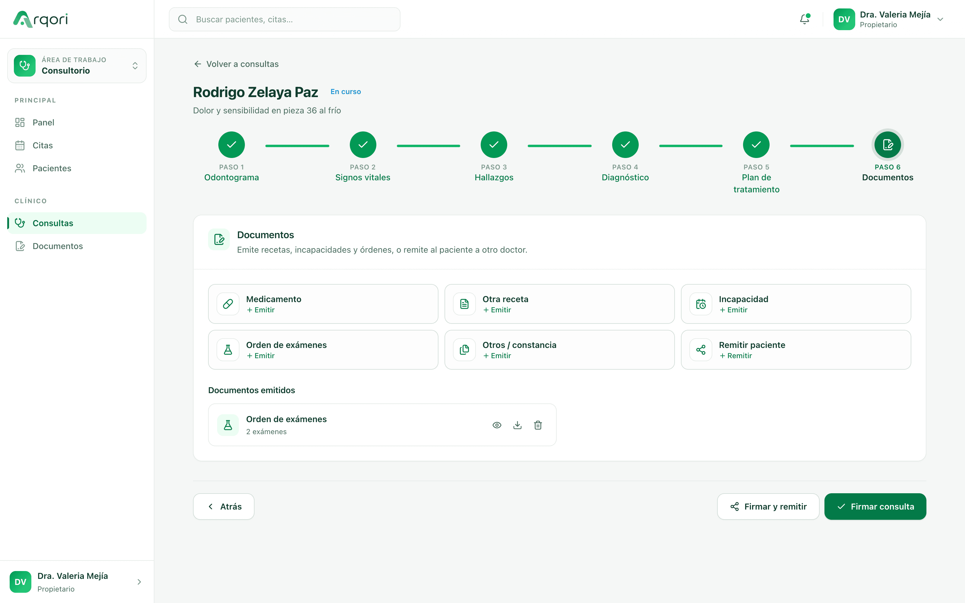 Paso de documentos de una consulta en Arqori con los cinco pasos clínicos completados, tarjetas para emitir documentos y botones para firmar